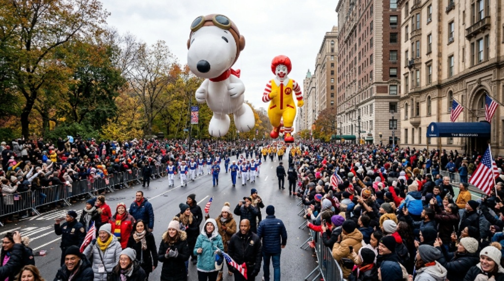 Crowds watching giant balloons on Central Park West during Thanksgiving morning in New York City