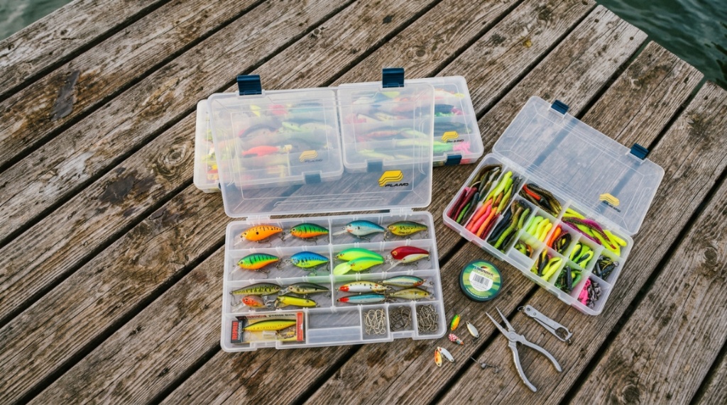 Open utility box showing adjustable dividers organizing various fishing hooks and baits.
