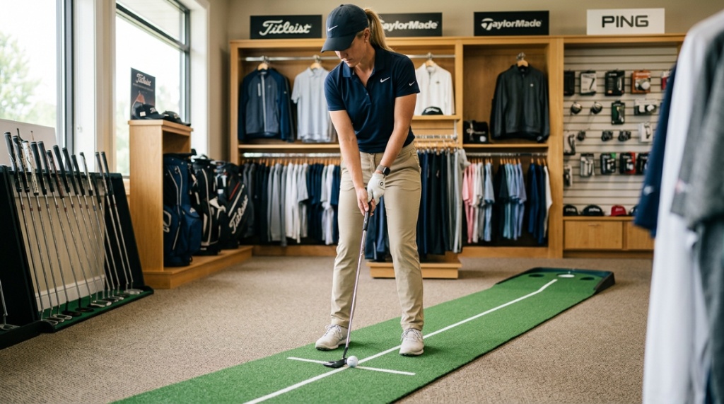 Golfer testing alignment and grip stance with a putter on an indoor green.