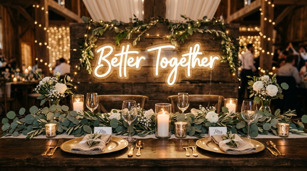 Warm white Better Together LED neon sign mounted on a rustic wooden wedding backdrop.