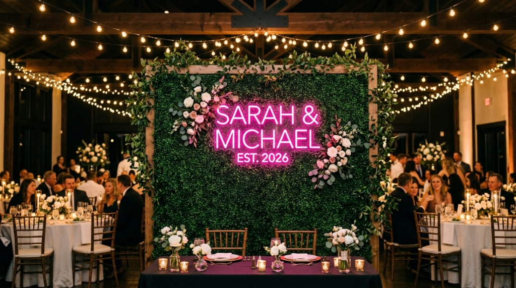 Vibrant pink custom LED neon sign glowing on a green wall at a wedding reception.