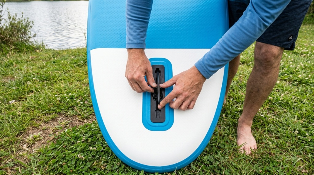 Securing a paddleboard fin lock mechanism by hand without tools.
