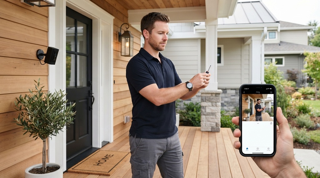 A man mounts an indoor outdoor security camera on his porch wall while checking his phone.