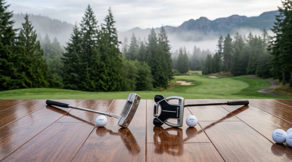 Premium golf putters displayed on a practice green with Washington's scenic evergreen background.