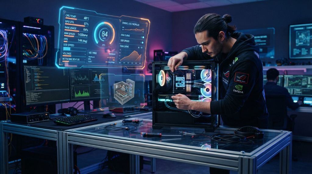 Gamer optimizing a gaming setup for better performance