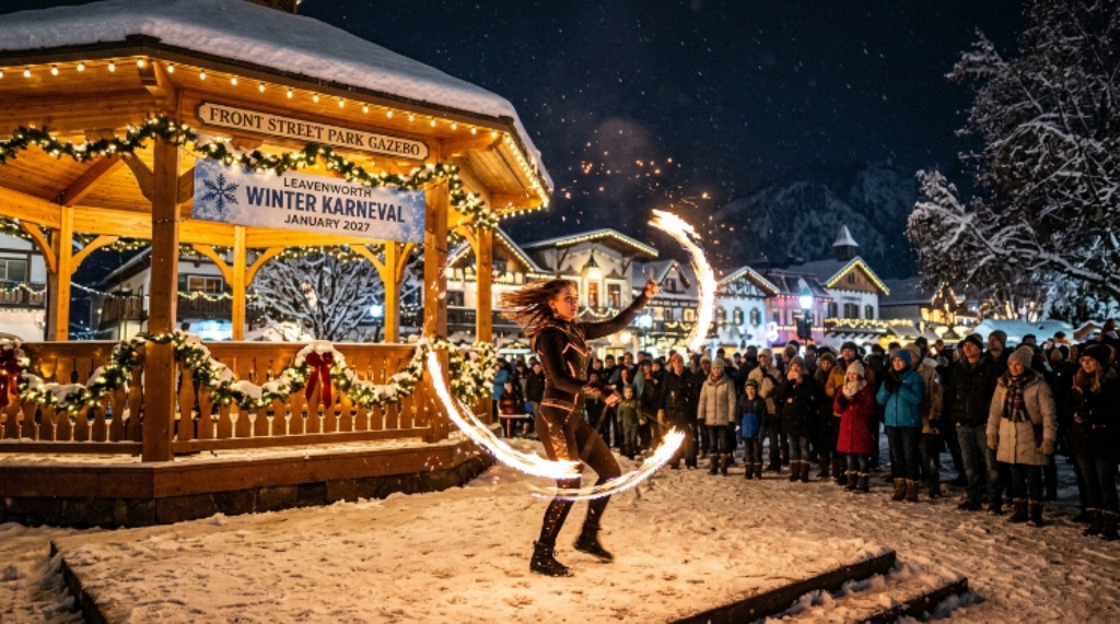 Fire dancer performing at Front Street Park Gazebo during Leavenworth Winter Karneval January 2027