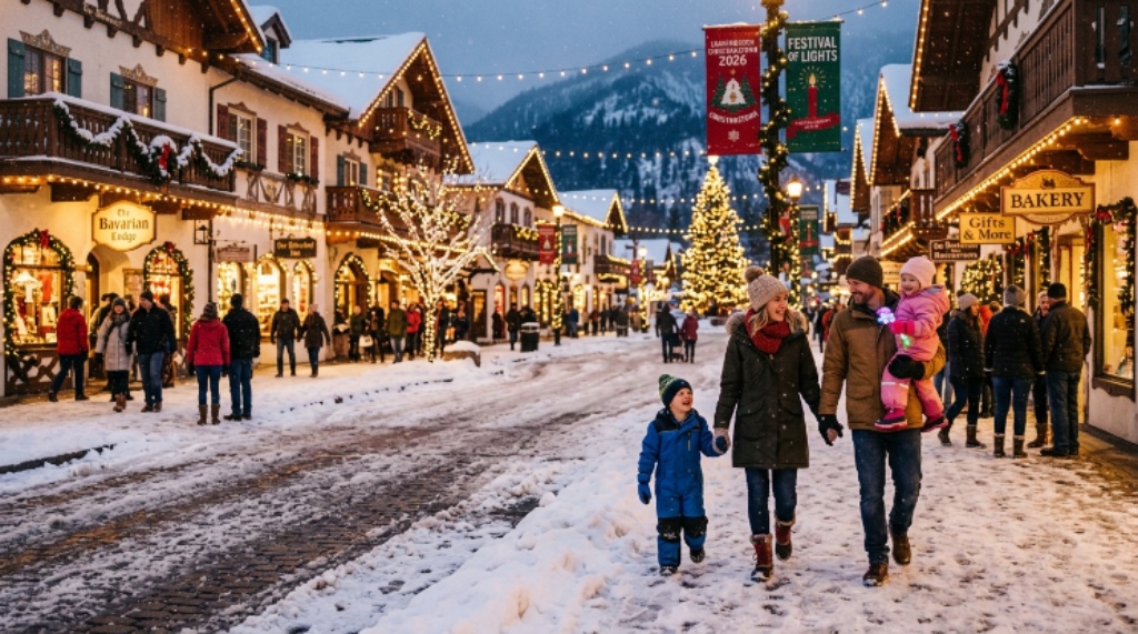 Families walking through snow-covered Front Street in Leavenworth WA during Christmastown holiday festival 2026