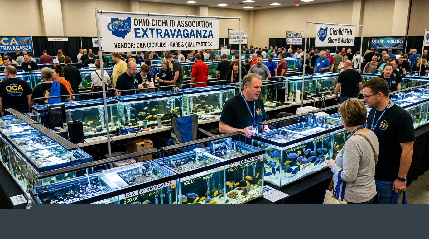 Vendor tables displaying live cichlid fish at the Ohio Cichlid Association Extravaganza