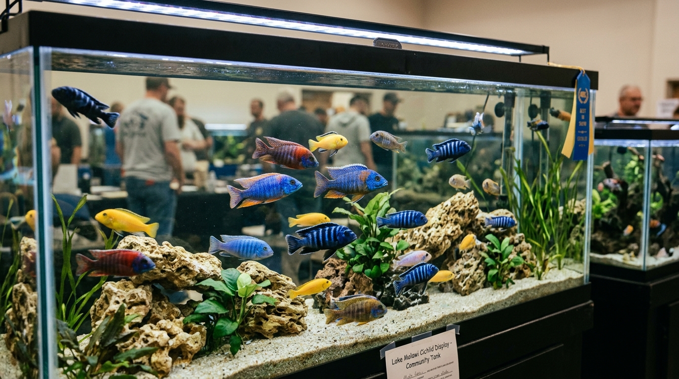 Colorful African cichlid fish swimming in a freshwater aquarium at a hobbyist event