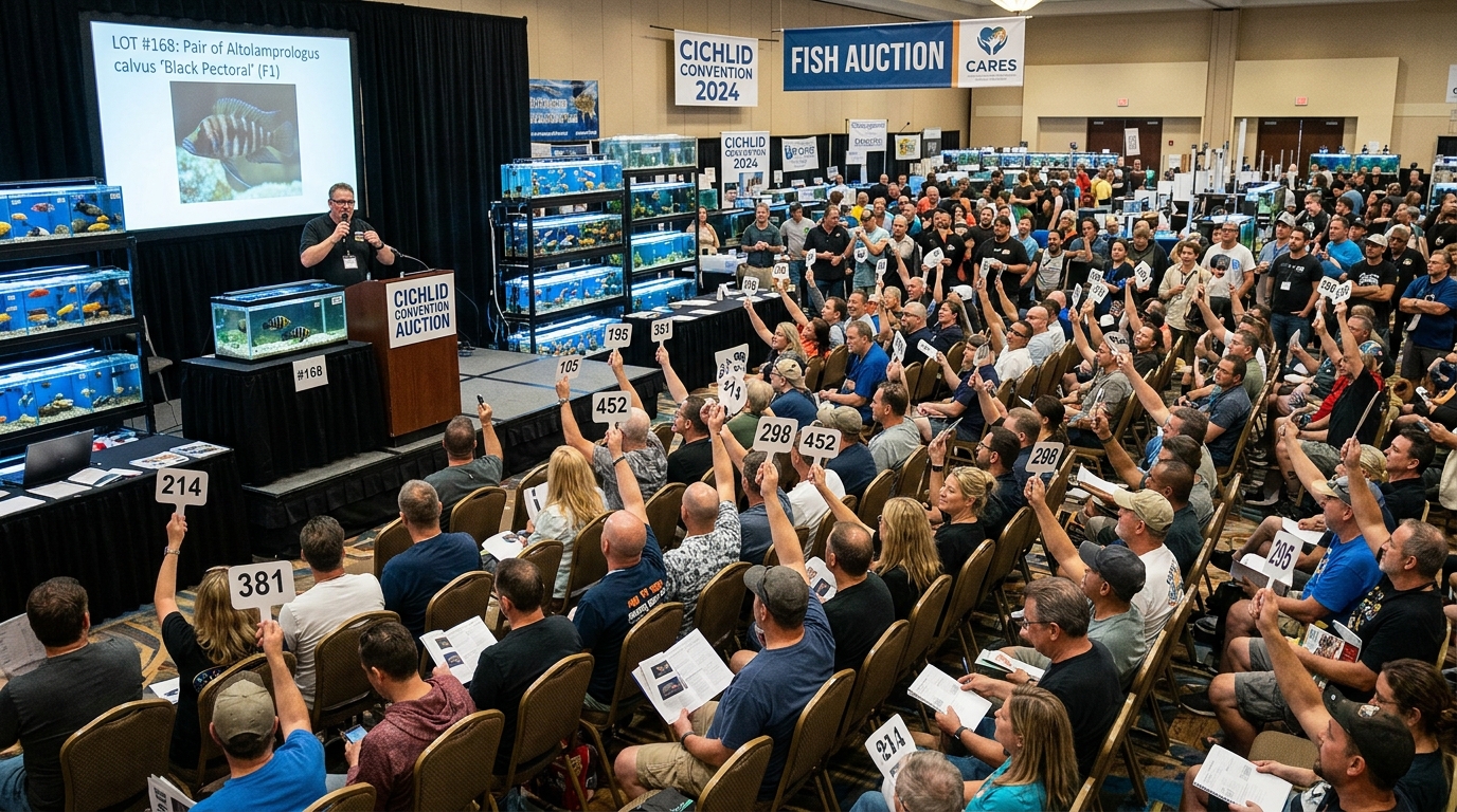Fish auction hall filled with enthusiastic hobbyists at a cichlid convention