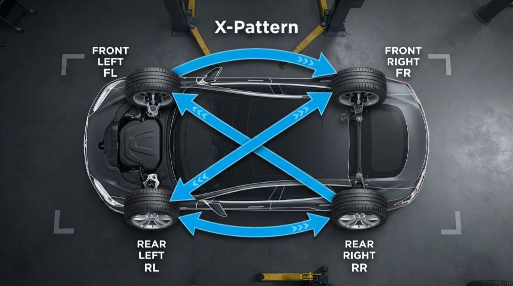 Rotating car tires during routine maintenance