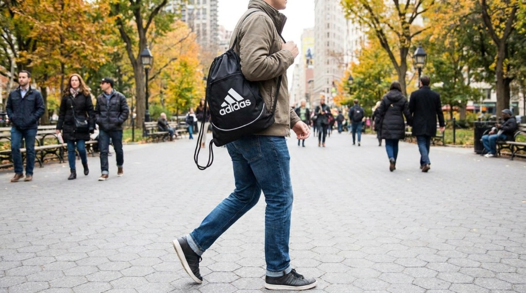 Person walking in a park with the black adidas Alliance Sackpack.