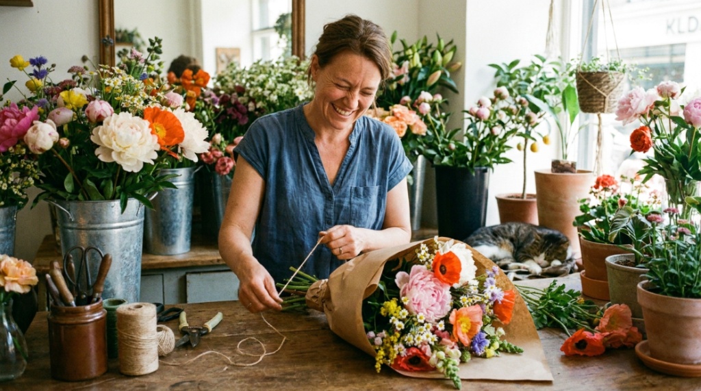 Florist wrapping a colorful bouquet of fresh peonies in paper.