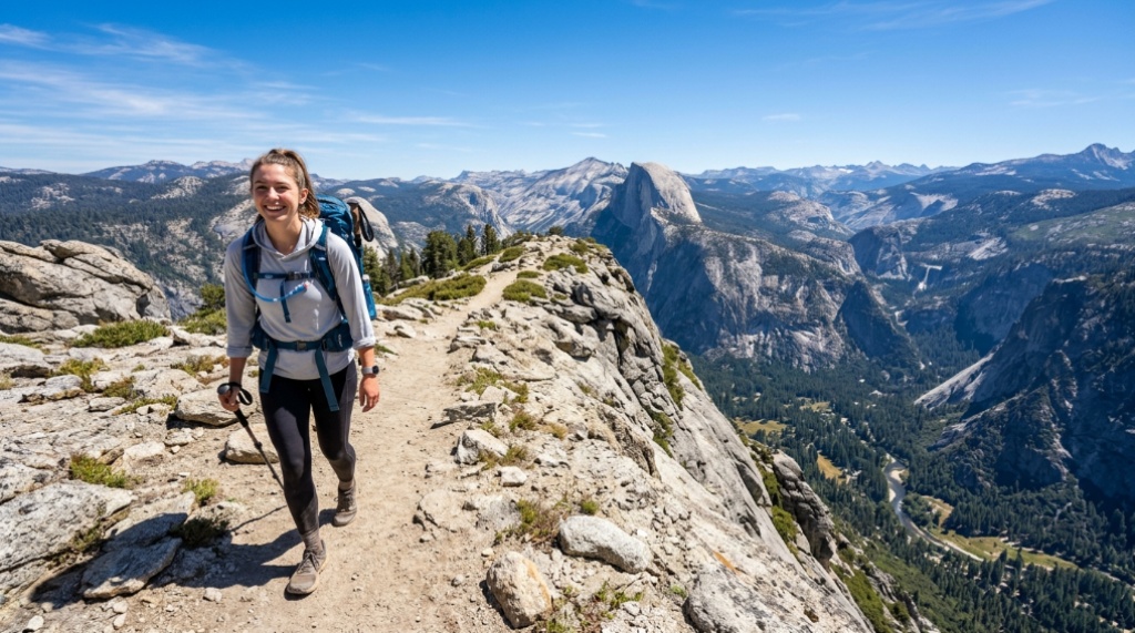 Hiker on a scenic California mountain ridge wearing a backpack.