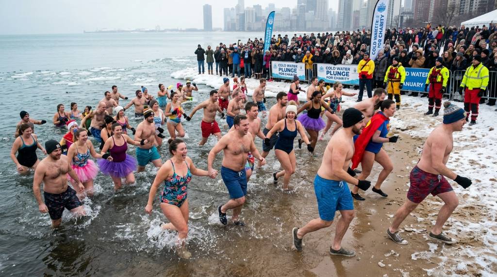 Smiling participants wearing swimsuits entering icy Lake Michigan water on January 1 for a charity cold-water plunge