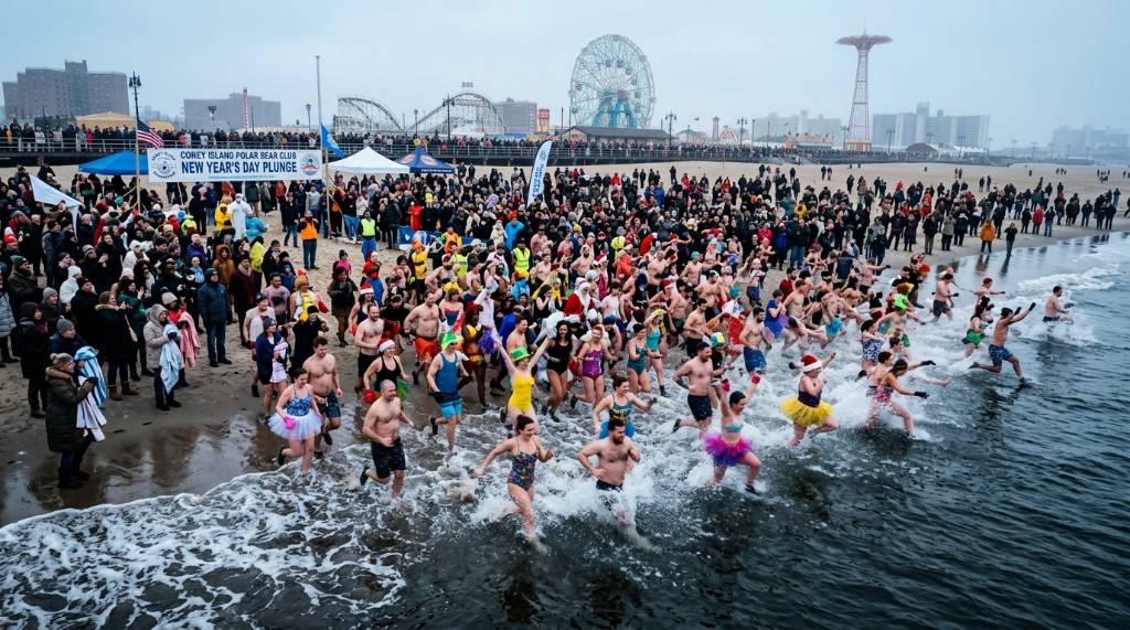Crowds of people running into the ocean on New Year's Day for a polar bear plunge at Coney Island, New York