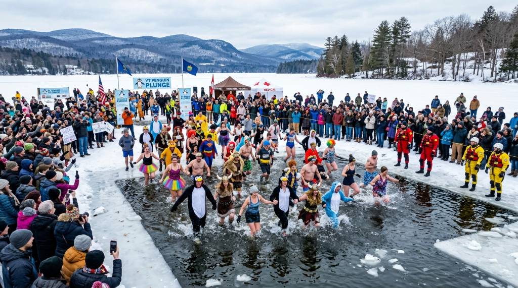 A group of people in colorful costumes wading into a frozen lake on New Year's Day during a Penguin Plunge event in Vermont