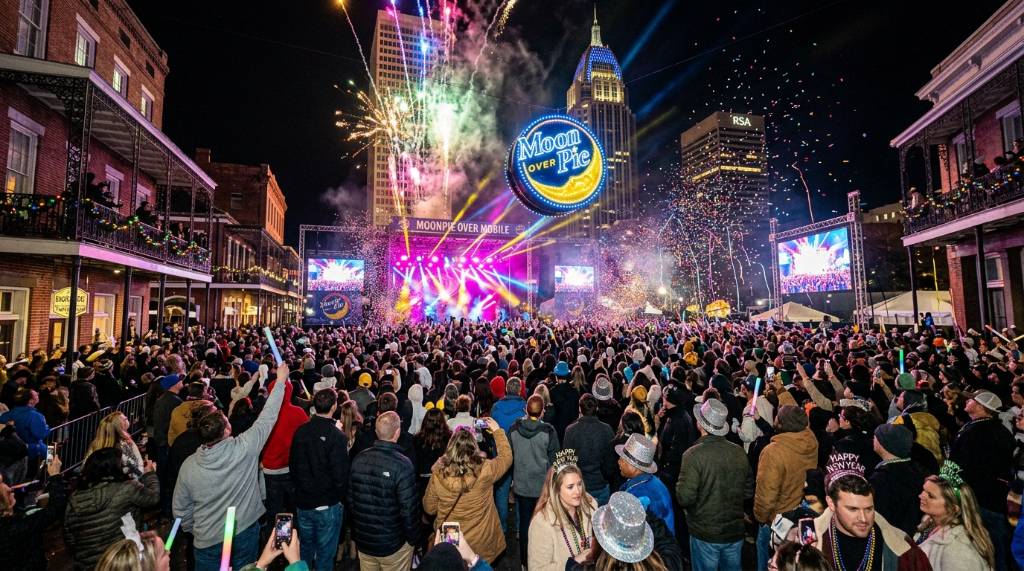 A large crowd gathered in downtown Mobile, Alabama, celebrating New Year's Eve at MoonPie Over Mobile with colorful stage lighting in the background