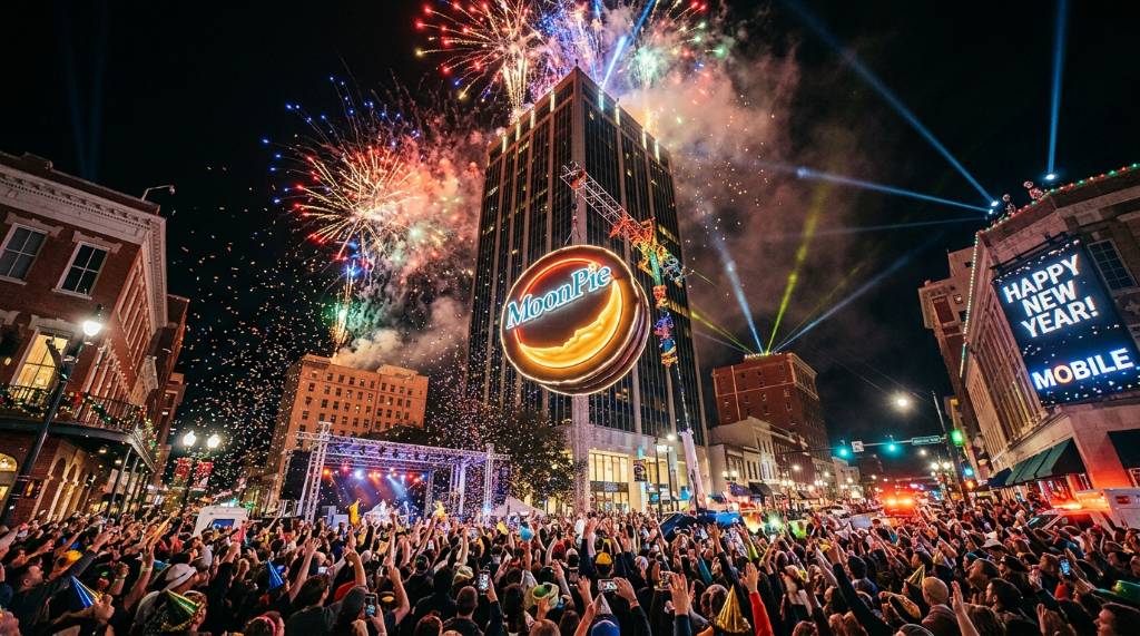 A large illuminated MoonPie replica being lowered from a downtown Mobile building at midnight on New Year's Eve with fireworks in the sky above