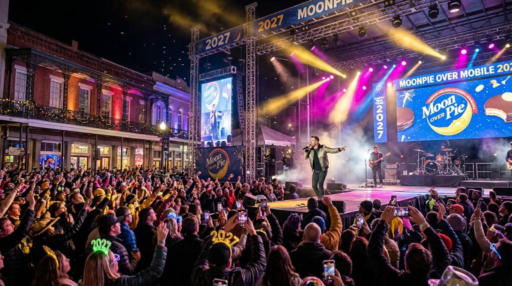 A live music performer on the main stage at MoonPie Over Mobile 2027 with a festive crowd visible in front of downtown Mobile storefronts